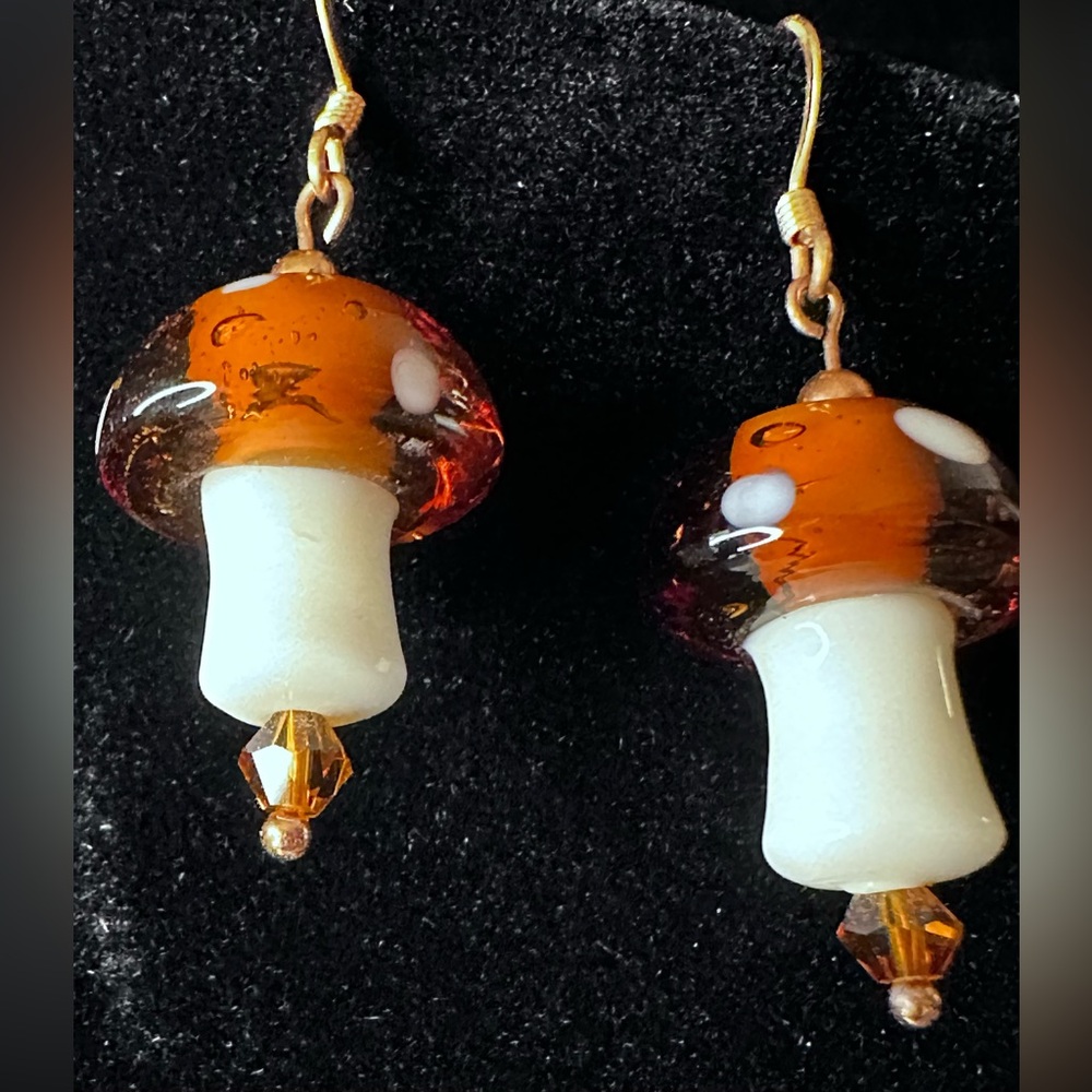 Blown Glass Mushroom Dangle Earrings - Picture 2 of 4